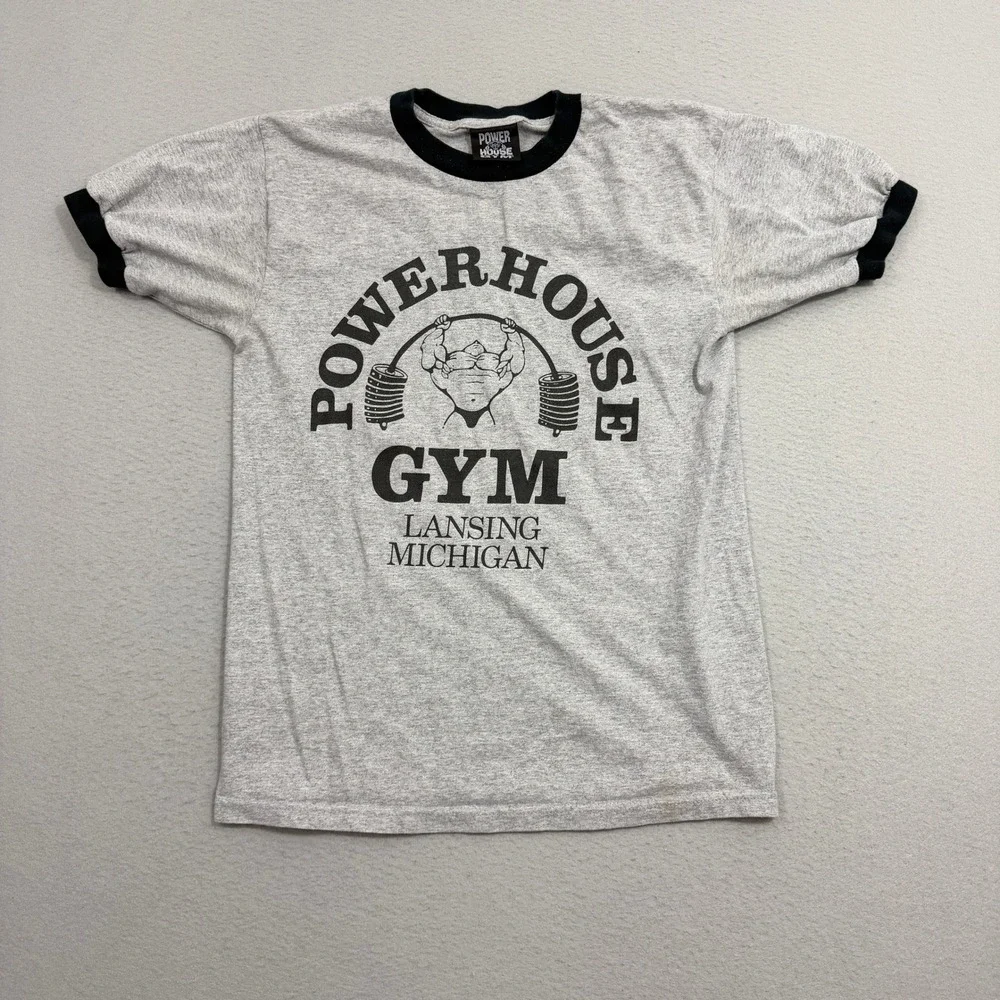 Vintage Powerhouse Gym Shirt Men's Medium Gray Lansing Michigan Ringer USA 90s